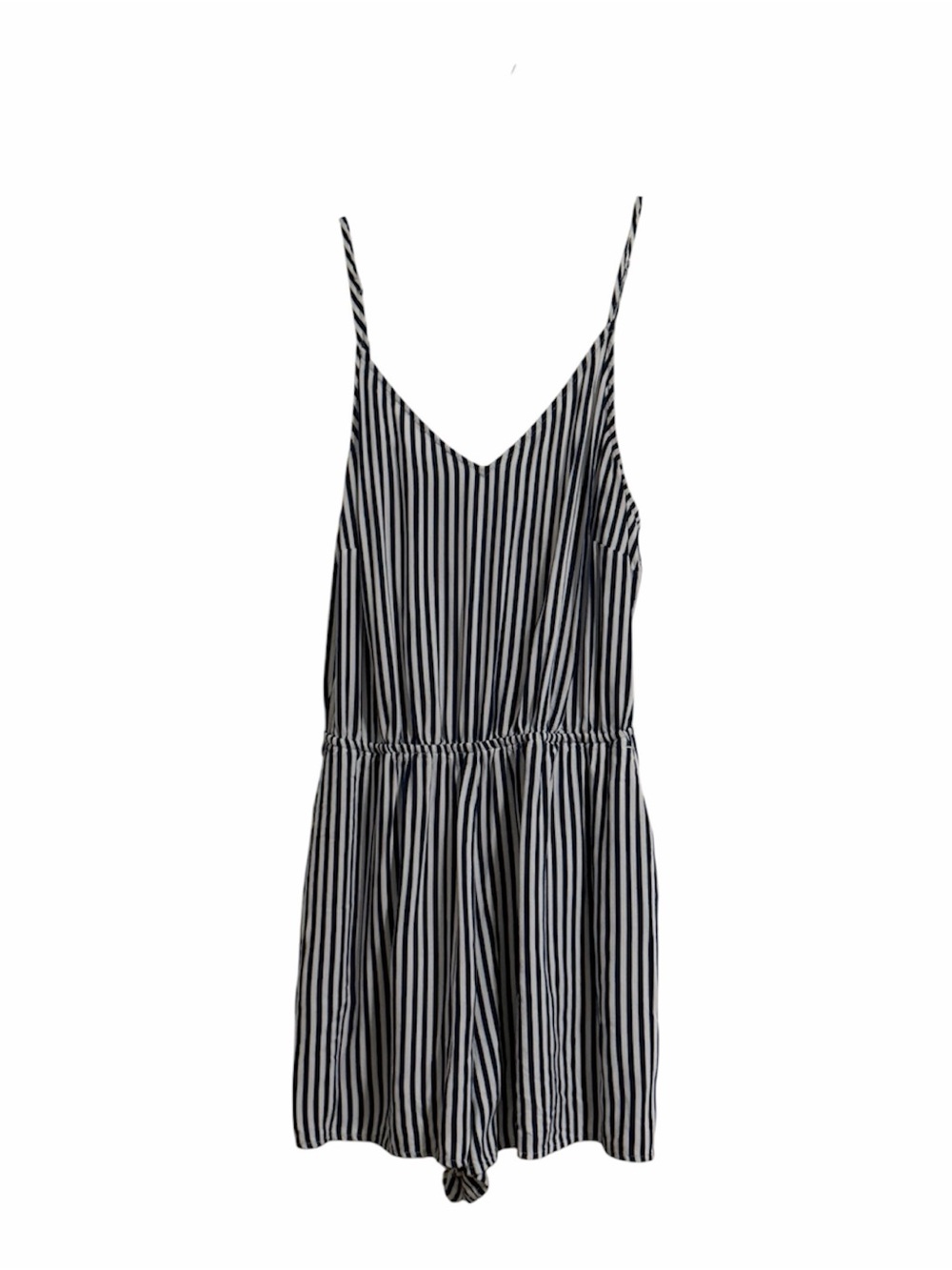 Divided Navy and White Striped Spaghetti Strap Romper - L